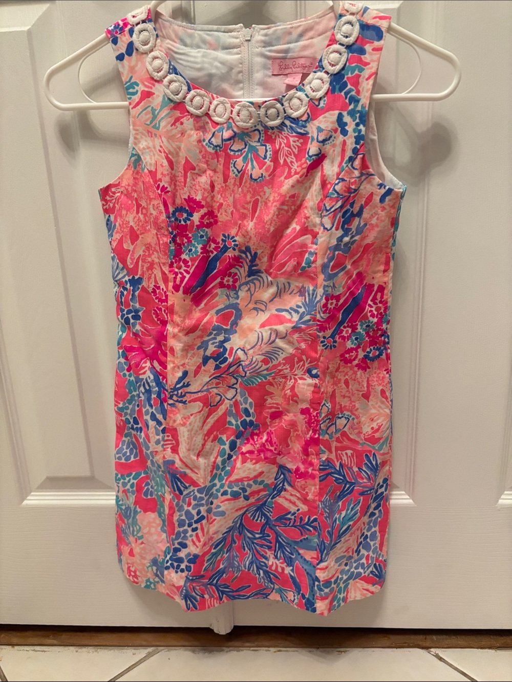 Lilly Pulitzer Coral Pink & Blue Floral Embellished Neck Sleeveless Dress